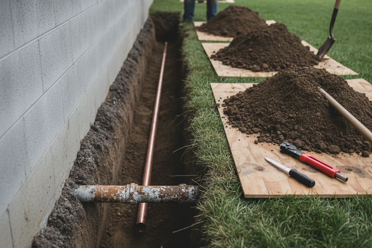 Excavated water line trench during Water Softener Installation in Baytown